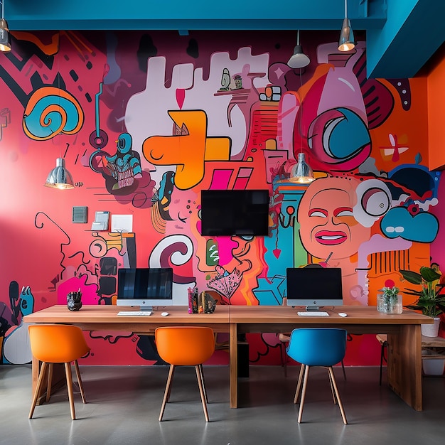 Photo colorful walls with abstract characters and there is a work desk in front of it