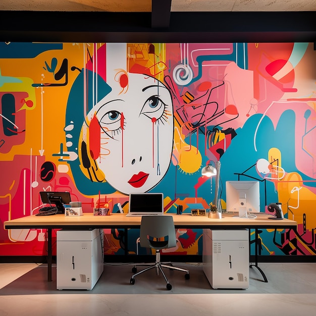 colorful walls with abstract characters and there is a work desk in front of it