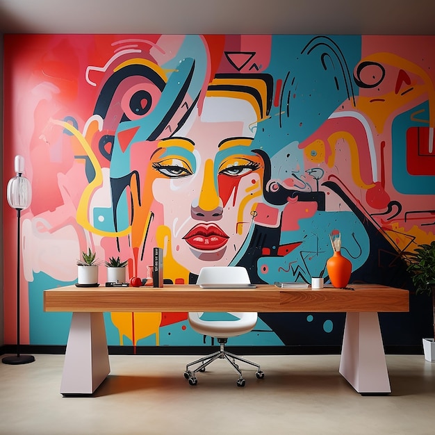 colorful walls with abstract characters and there is a work desk in front of it