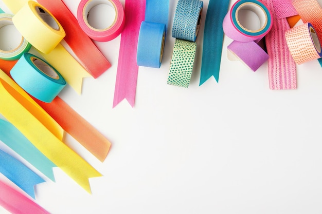 Photo colorful washi tape rolls and strips on a white background