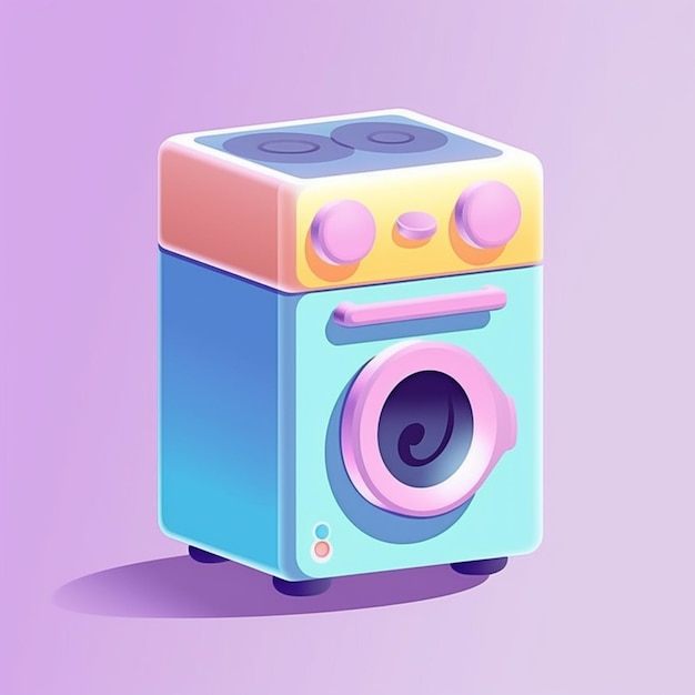 A colorful washing machine with pink and yellow accents.