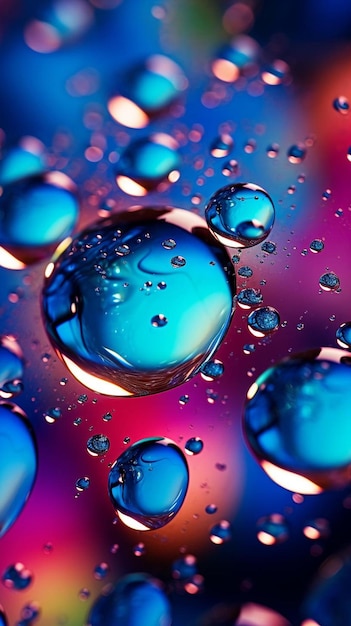 a colorful water droplet is shown in a close up shot of water drops.