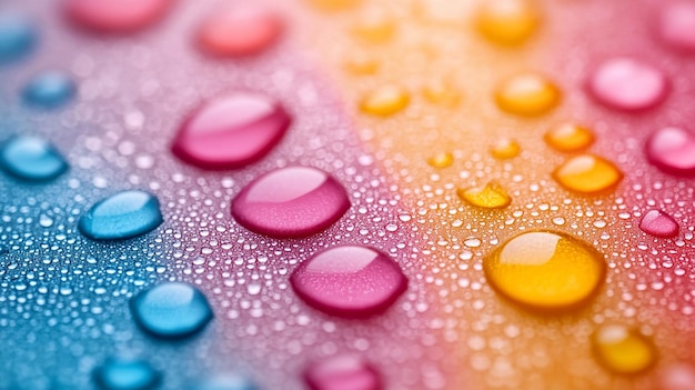 Colorful water droplets on a reflective surface with vibrant bokeh lights in the background