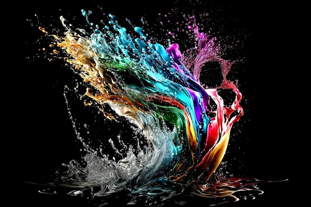 Colorful water droplets and splashes on black background Generative AI