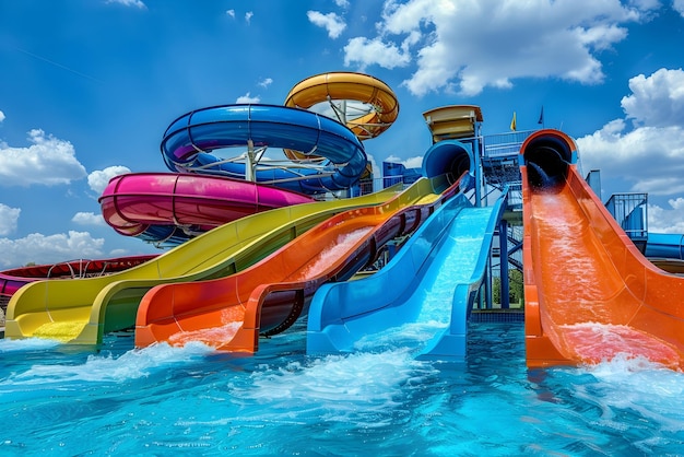 Colorful water slides and a swimming pool