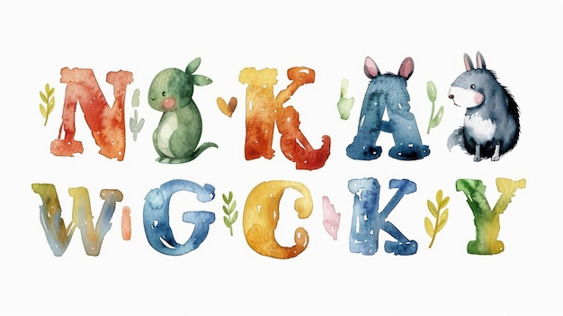 Photo colorful watercolor alphabet illustration featuring whimsical animals and playful typography