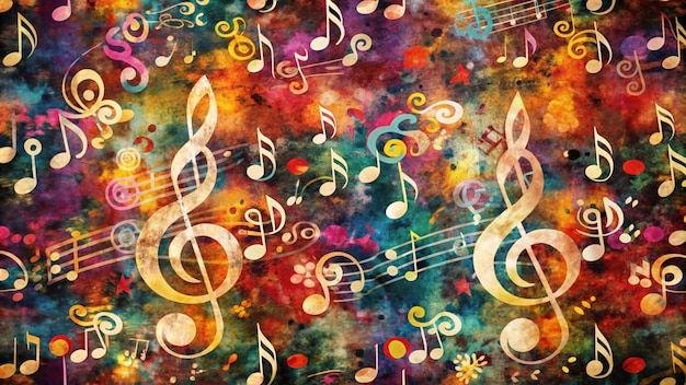 Colorful watercolor background with musical notes and treble clefs