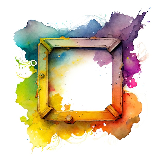 Colorful watercolor bright square frame isolated on white background