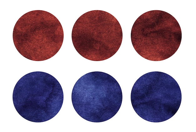 Colorful watercolor circles set Blue and red round geometric shapes on white background Aquarelle stains on paper texture Abstract art Template for your design