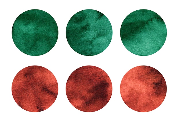 Colorful watercolor circles set Green and red round geometric shapes on white background Aquarelle stains on paper texture Abstract art Template for your design