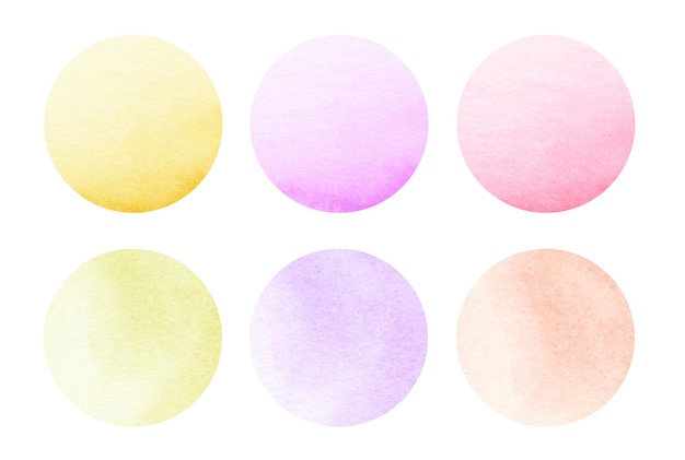 Colorful watercolor circles set Pink yellow orange red colors abstract round geometric shapes on white background Aquarelle multicolored stains on paper texture overlay Template for your design