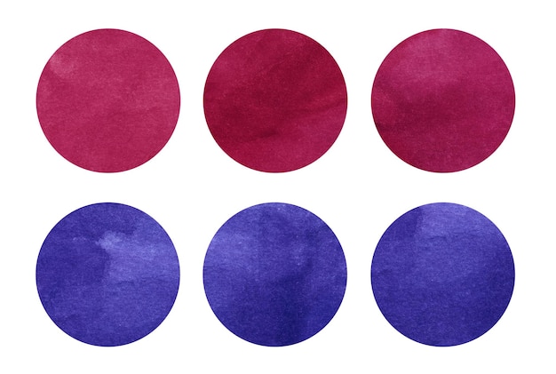 Colorful watercolor circles set Red and blue round geometric shapes on white background Aquarelle stains on paper texture Abstract art Template for your design