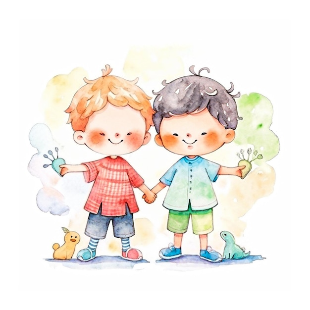 a colorful watercolor happy friendship day greeting card with cute little boy