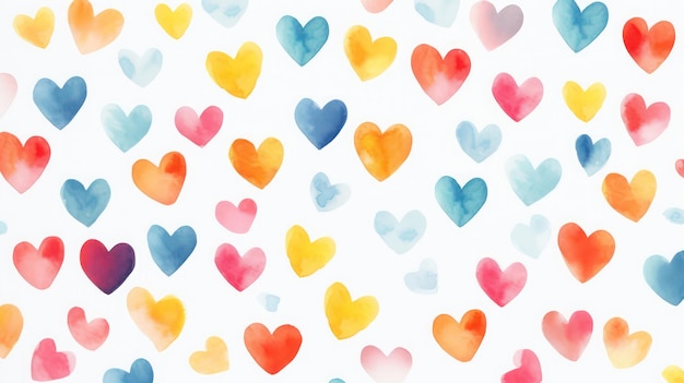 Colorful Watercolor hearts pattern on the white background