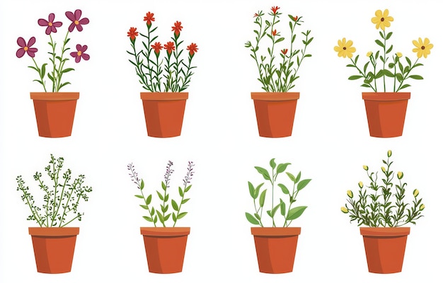 Photo colorful watercolor houseplant pot with flowers blooming in spring and summer clipart collection set isolated on white