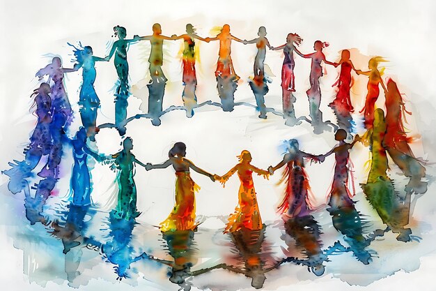 Photo colorful watercolor illustration of dancing figures in a circle symbolizing unity joy