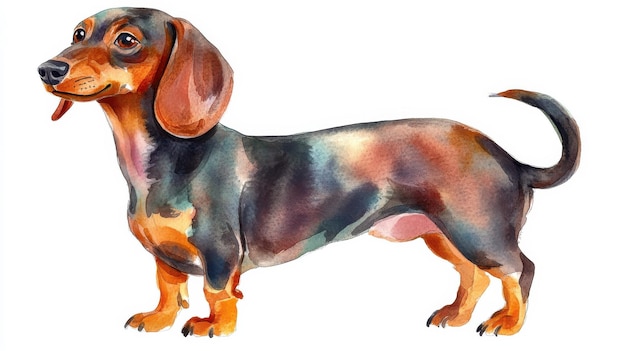 A colorful watercolor illustration of a playful dachshund standing proudly in a cozy indoor environment