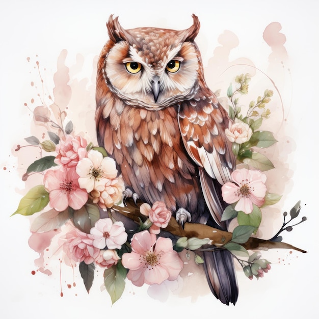 Colorful Watercolor Owl with Floral Accents AI Generated