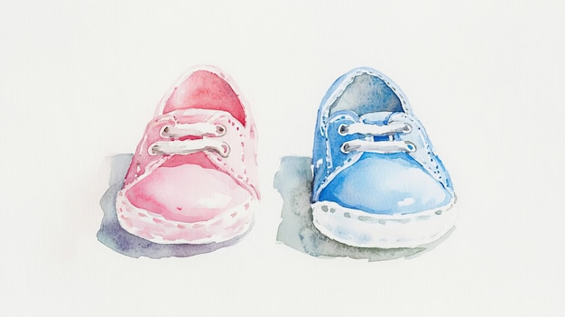 Photo colorful watercolor painting of pink and blue childrens shoes on a white background capturing the charm of baby footwear