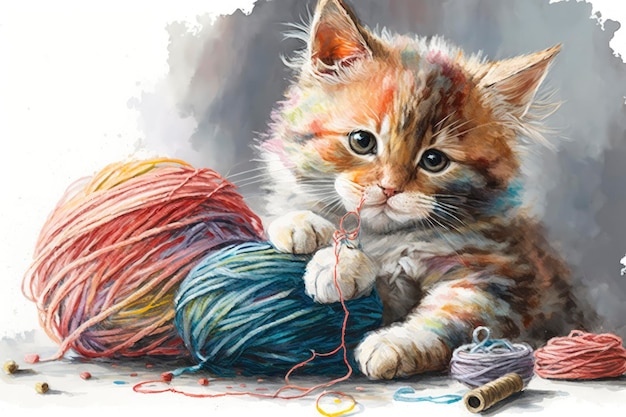 Colorful Watercolor Painting of a Playful Kitten with Yarn