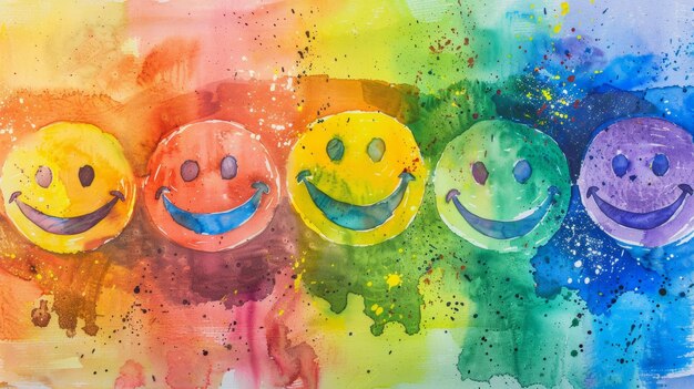 Photo colorful watercolor painting of smiling emoticons