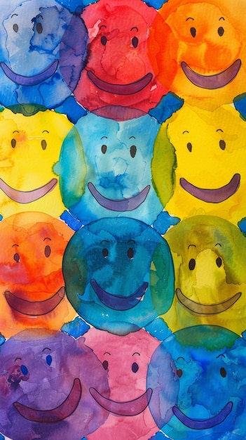 Colorful watercolor painting of smiling faces