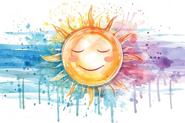 Photo colorful watercolor painting of a smiling sun with splashes