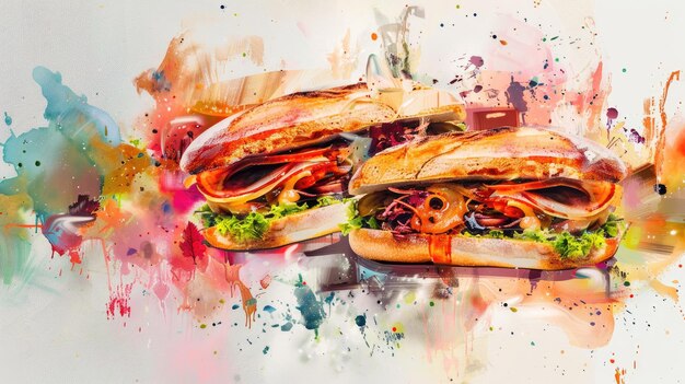 Photo colorful watercolor painting of two delicious sandwiches