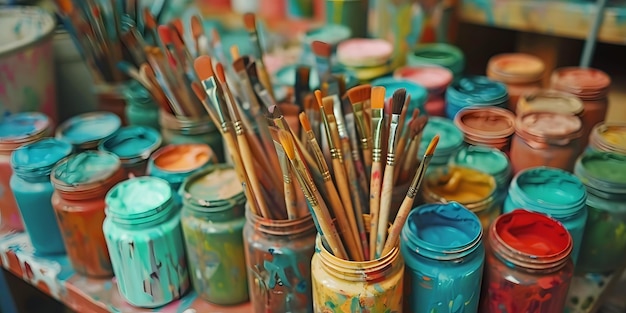 Colorful Watercolor Paints and Paintbrushes