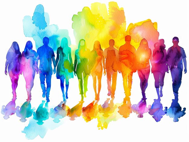 Colorful watercolor silhouette of diverse young adults walking forward