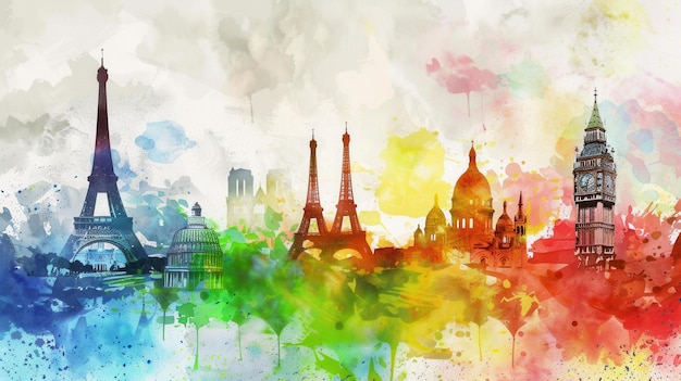 Colorful Watercolor Skyline of European Landmarks Travel and Tourism Concept