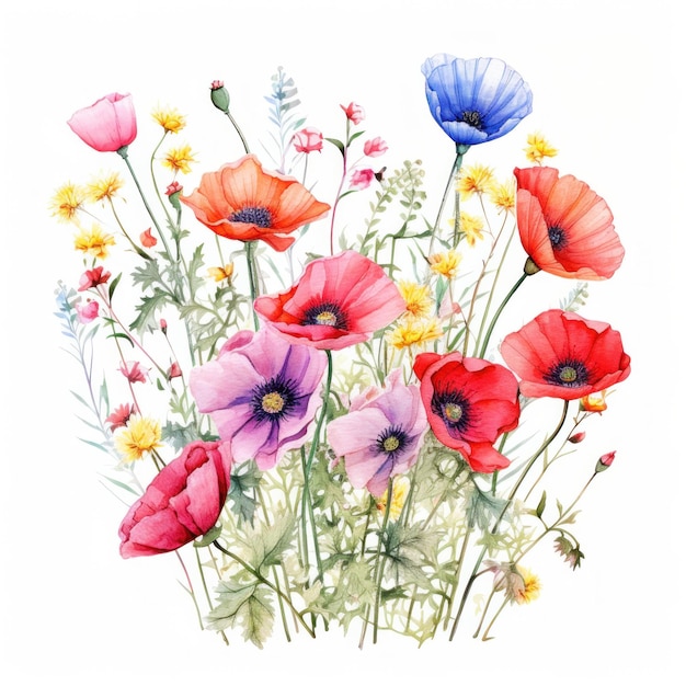 Colorful watercolor spring flowers bouquet