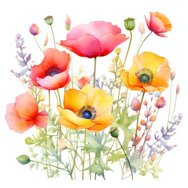 Colorful watercolor spring flowers bouquet