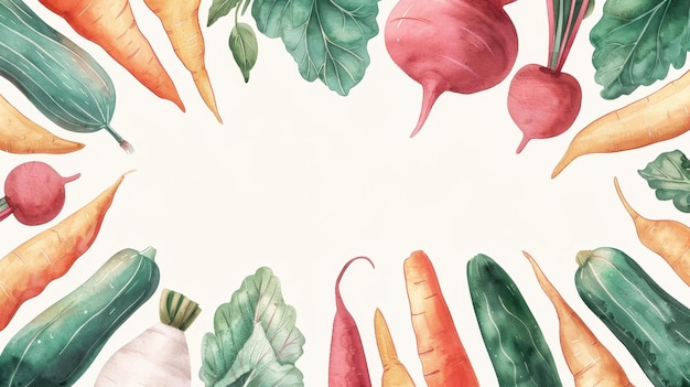 Photo colorful watercolor vegetables border including carrots beets zucchinis and peppers with a white background perfect for foodthemed projects