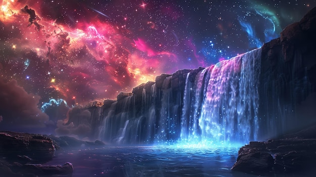 Photo colorful waterfall in space nature of galaxy