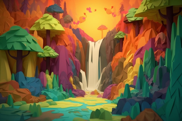 A colorful waterfall with a forest in the background