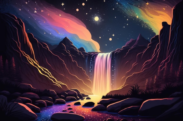 Colorful waterfall with milky way Generative AI