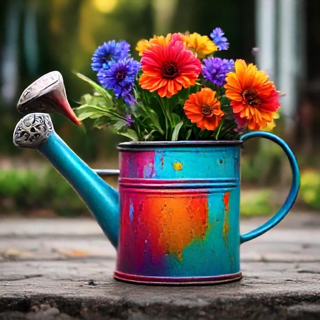 a colorful watering can with flowers in it and a pot with a handle