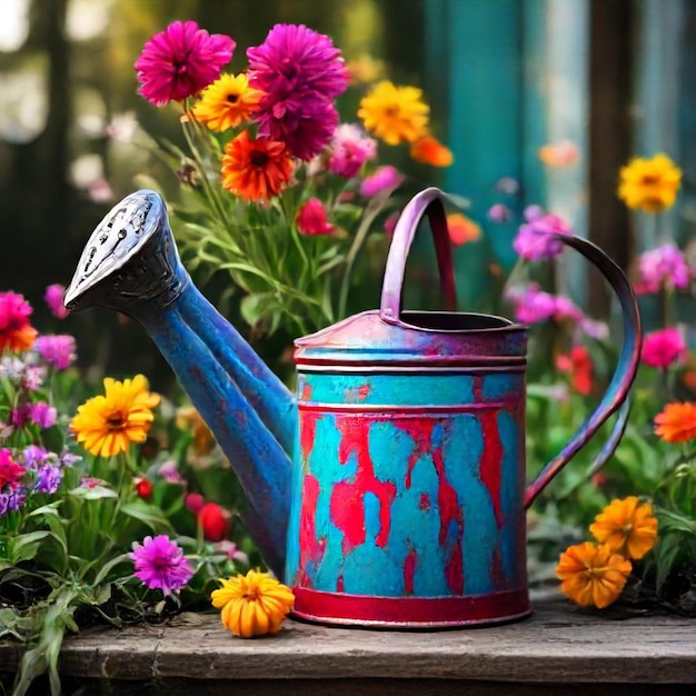 Photo a colorful watering can with the number 44 on it