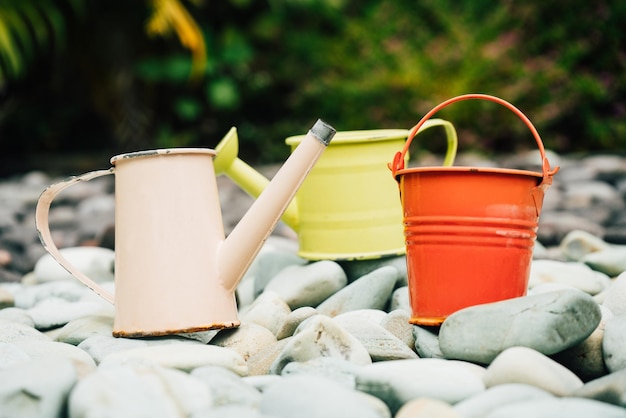 Colorful watering cans and buckets for plants in garden