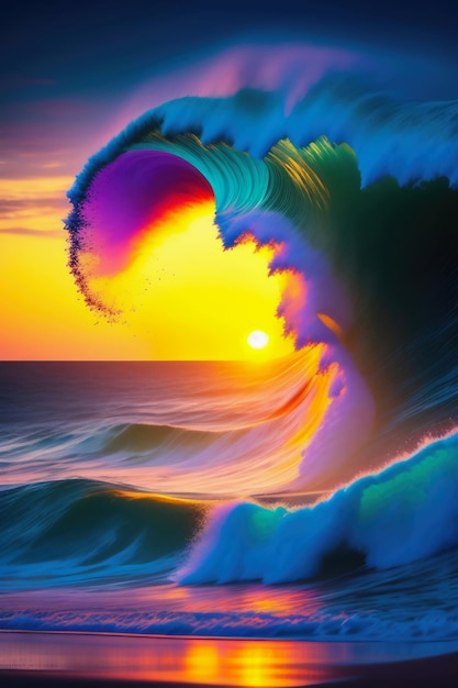 A colorful wave is in the water with the sun setting behind it.