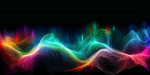 A colorful wave shaped background with lights and strands