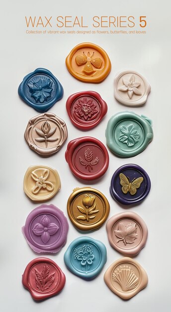 Photo colorful wax seals with butterfly and floral designs