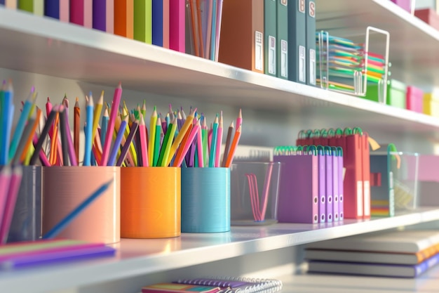 A colorful and wellorganized shelf filled with stationery including pencils notebooks and binders evoking a sense of creative order and productivity