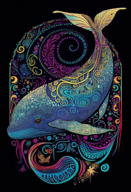 A colorful whale with a butterfly on it