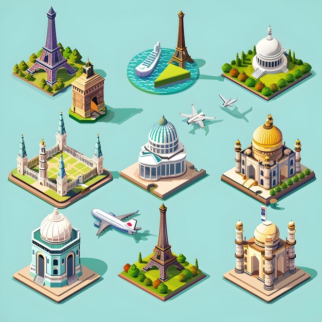 Photo colorful and whimsical 3d isometric pixel art landmarks of the world