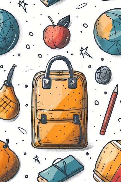 Photo a colorful and whimsical doodle style seamless pattern featuring a backpack apple globe and other