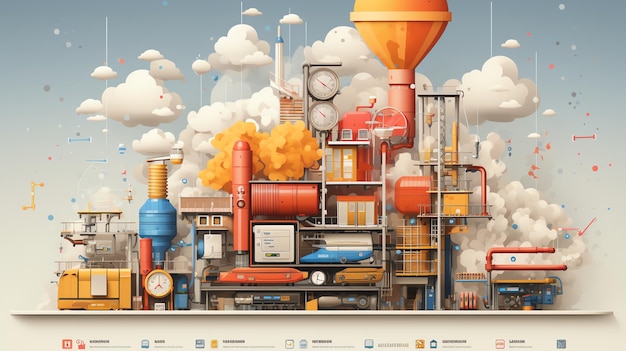 A colorful whimsical factory illustration with intricate machinery clouds and various industrial ele