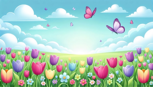 A colorful and whimsical illustration of a field of tulips with butterflies flying above