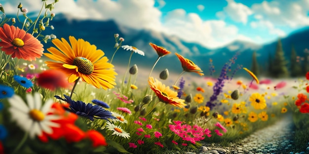 A colorful and whimsical meadow filled with wildflowers of all kinds